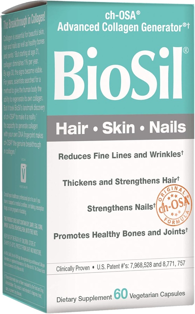 BioSil από φυσικούς παράγοντες, μαλλιά, δέρμα, νύχια, υποστηρίζει υγιή ανάπτυξη και δύναμη, Vegan Collagen, Elastin και Κερατίνης Γεννήτρια, 60 κάψουλες