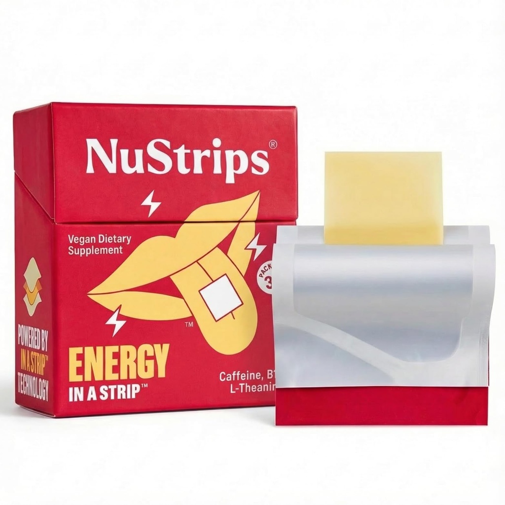 NuStrips™ Fast-Dissolving Energy Strips with 50mg Caffeine, L-Theanine & Vitamin B12 – Instant Energy & Focus Without Jitters or Crash – Works Faster Than Coffee – Soothing Cinnamon (30 Strips)