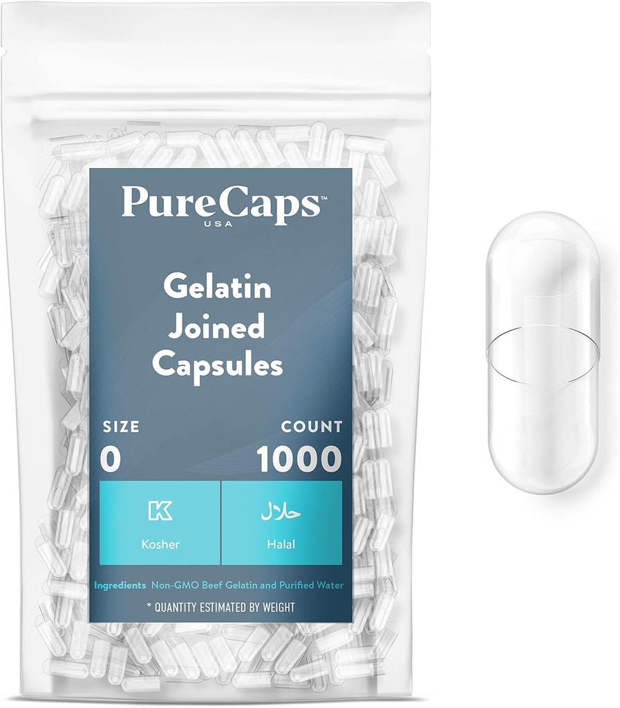 PureCaps USA - Empty Gelatin Capsules Size 0| 1,000 Joined Pills| Clear| Non-GMO Certified| SLS, Gluten, Preservative Free