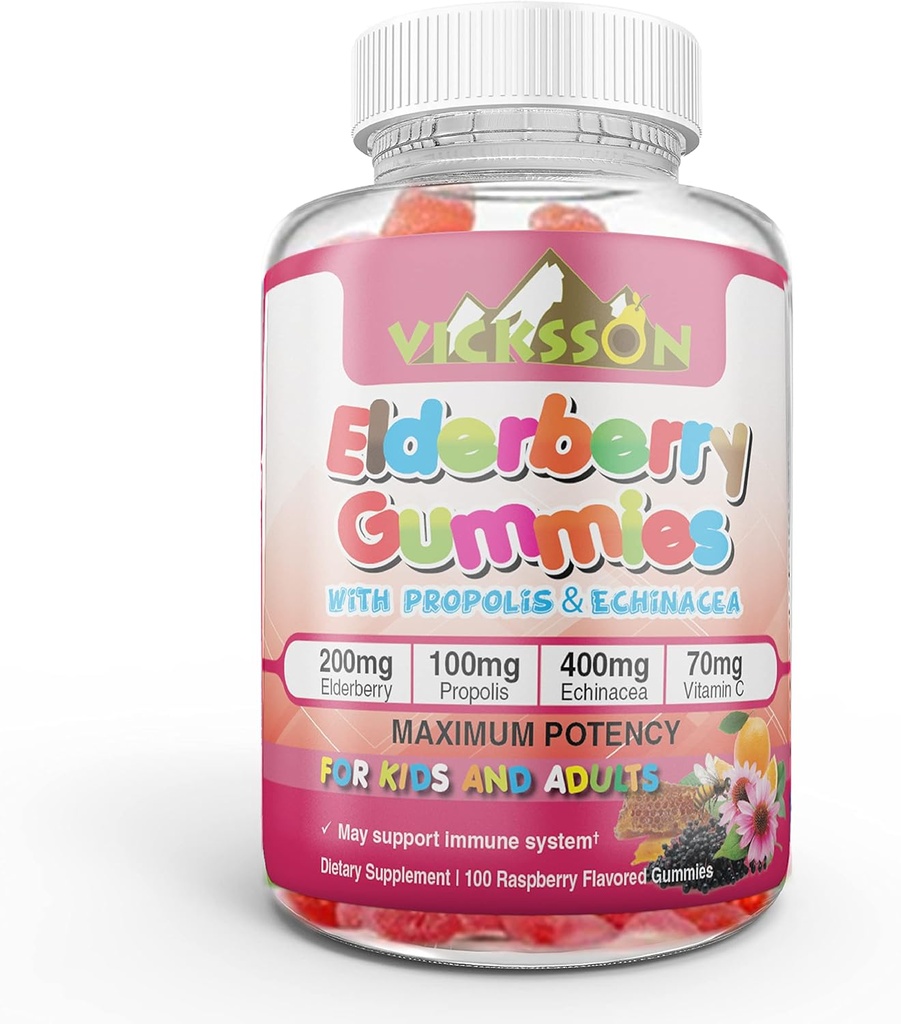 Black Sambucus Elderberry Gummies with Propolis & Echinacea + Vitamin C Antioxidant Flavonoids Immune System Booster for Kid & Adult Vegan Friendly | Raspberry Flavored. 100 Count