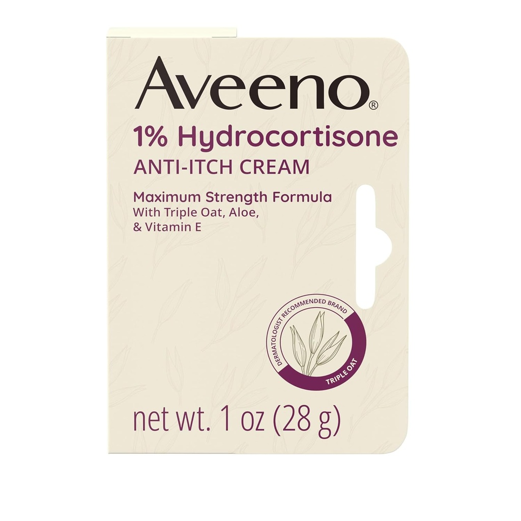 Aveeno μέγιστη δύναμη 1% Hydrocortisone Anti-Itch Cream, Aloe & Βιταμίνη Ε για ανακούφιση Itch Από Eczema, Psoriasis, Εντομοκτόνα, Δηλητήριο κισσό, Oak & Sumac & Απορρυπαντικά, 1 oz