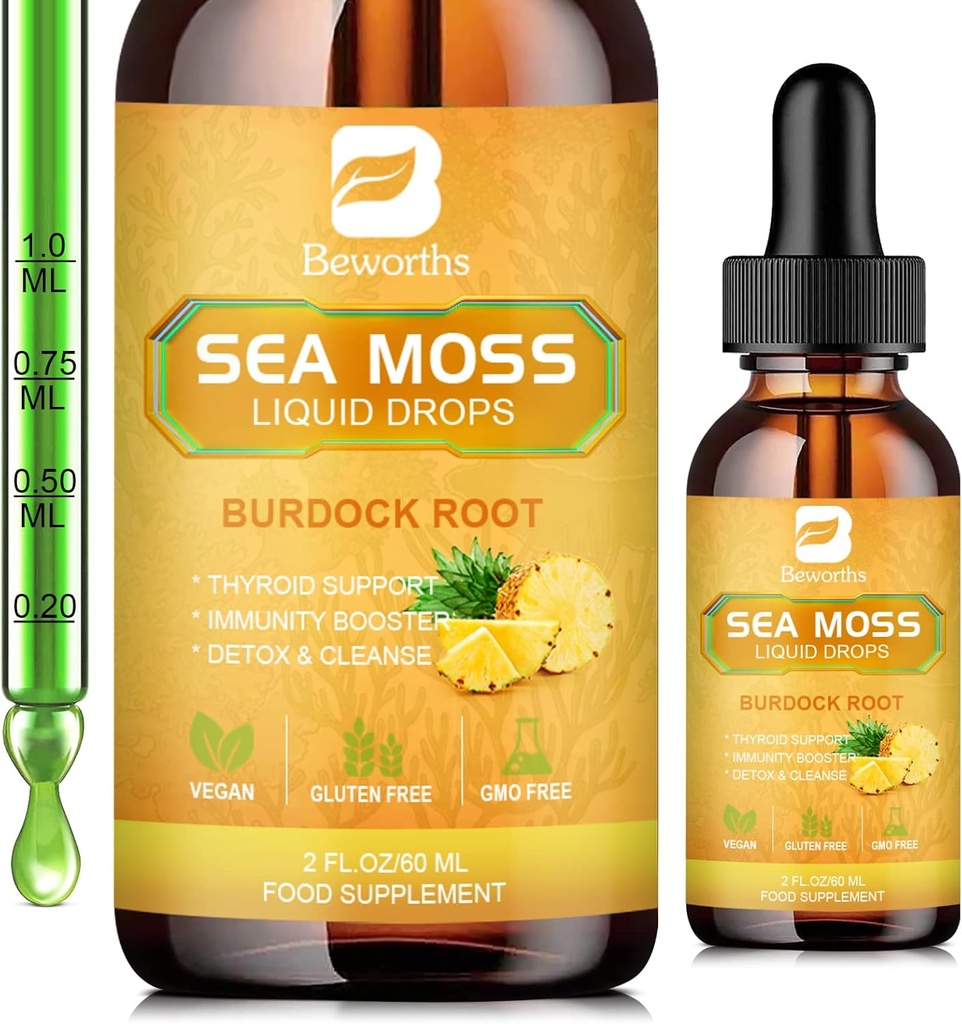 Sea Moss Liquid Drops - Organic Irish Sea Moss Gel with Spirulina, Bladderwrack, Burdock Root, Pinapple Seamoss Gel Supplement for Joint, Detox Cleanse & Digestion Support - 2 Fl Oz, Vegan