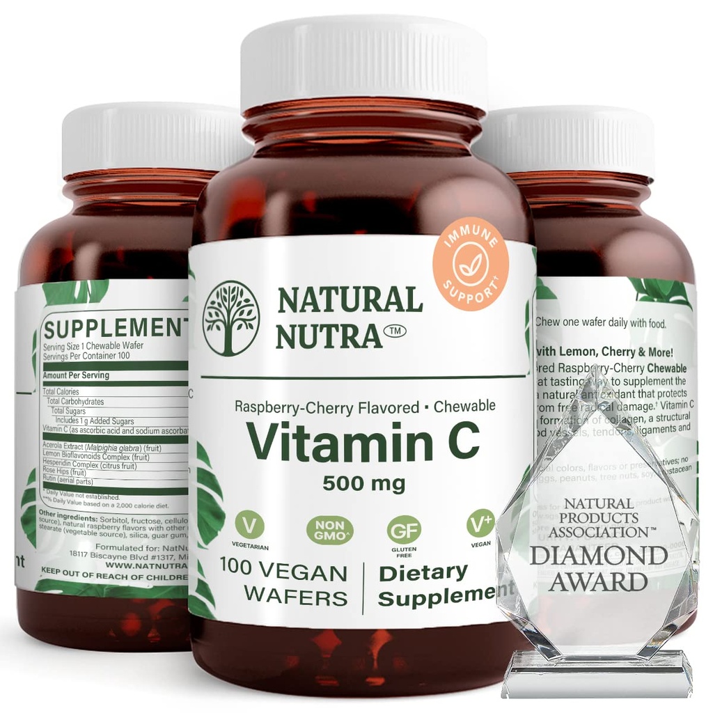 Natural Nutra Vitamin C Supplement for Kids and Adults, Immune Booster, Helps Supports Bone Health, Protect Skin and Heart Health, Vegetable Source, 500 mg, 100 Vegan Wafers