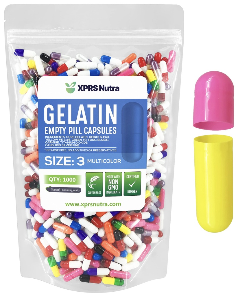 XPRS Nutra Μέγεθος 3 Κενές κάψουλες - 1000 Count Empty Gelatin Κάψουλες - Χάπια DIY Καψάκιο Γέμισμα - Pure Bovine Pill Caps Γέμισμα Do-It-Yourself Βιταμίνες και συμπληρώματα (Multi Color)