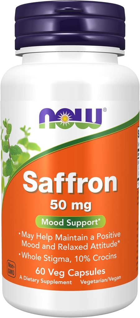 NOW Συμπληρώματα Τροφίμων, Saffron Whole Herb 50 mg με 10% Crocins, 60 Veg Κάψουλες με Μικροκρυσταλλική κυτταρίνη, υπρομελλόζη (καψάκιο κυτταρόζης), στεατικό οξύ (φυτική πηγή) και διοξείδιο του πυριτίου