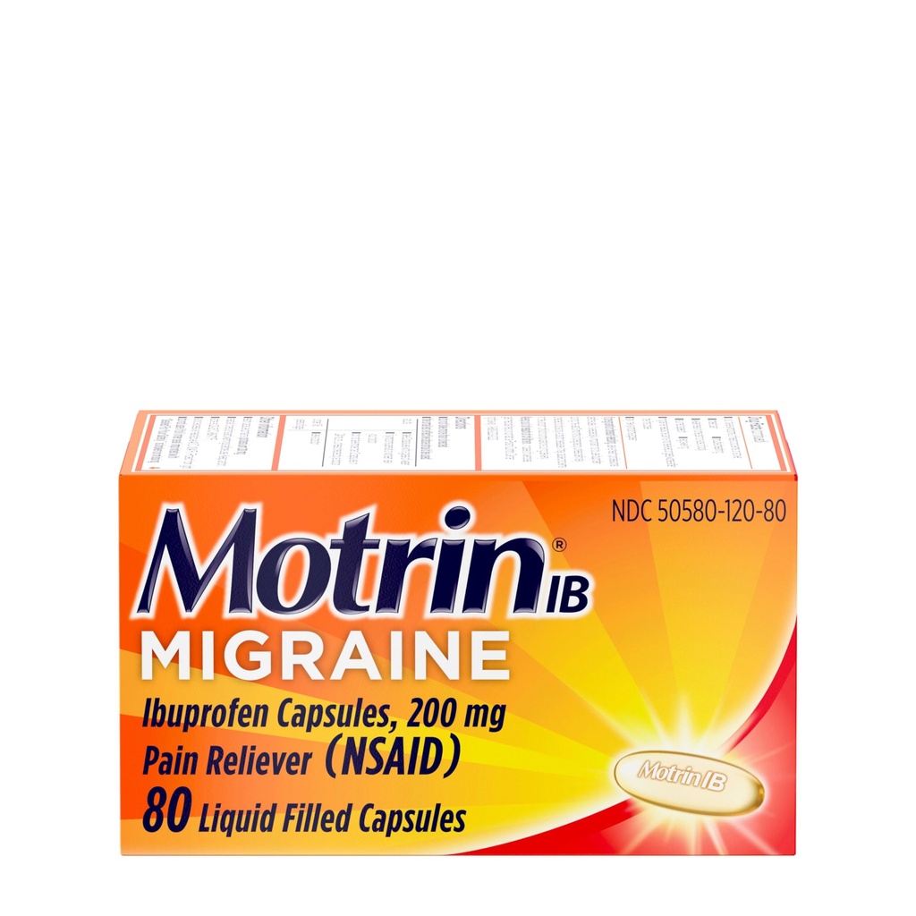 Motrin IB Higraine Relief Liquid Gel Κάψουλες με 200 mg Ibuprofen ανά Καψάκιο, Γρήγορη & Αποτελεσματική Ημικρανία Κεφαλαλγία Ιατρική με NSAID Pain Reliever Ibuprofen, Caffeine- Free, 80 ct