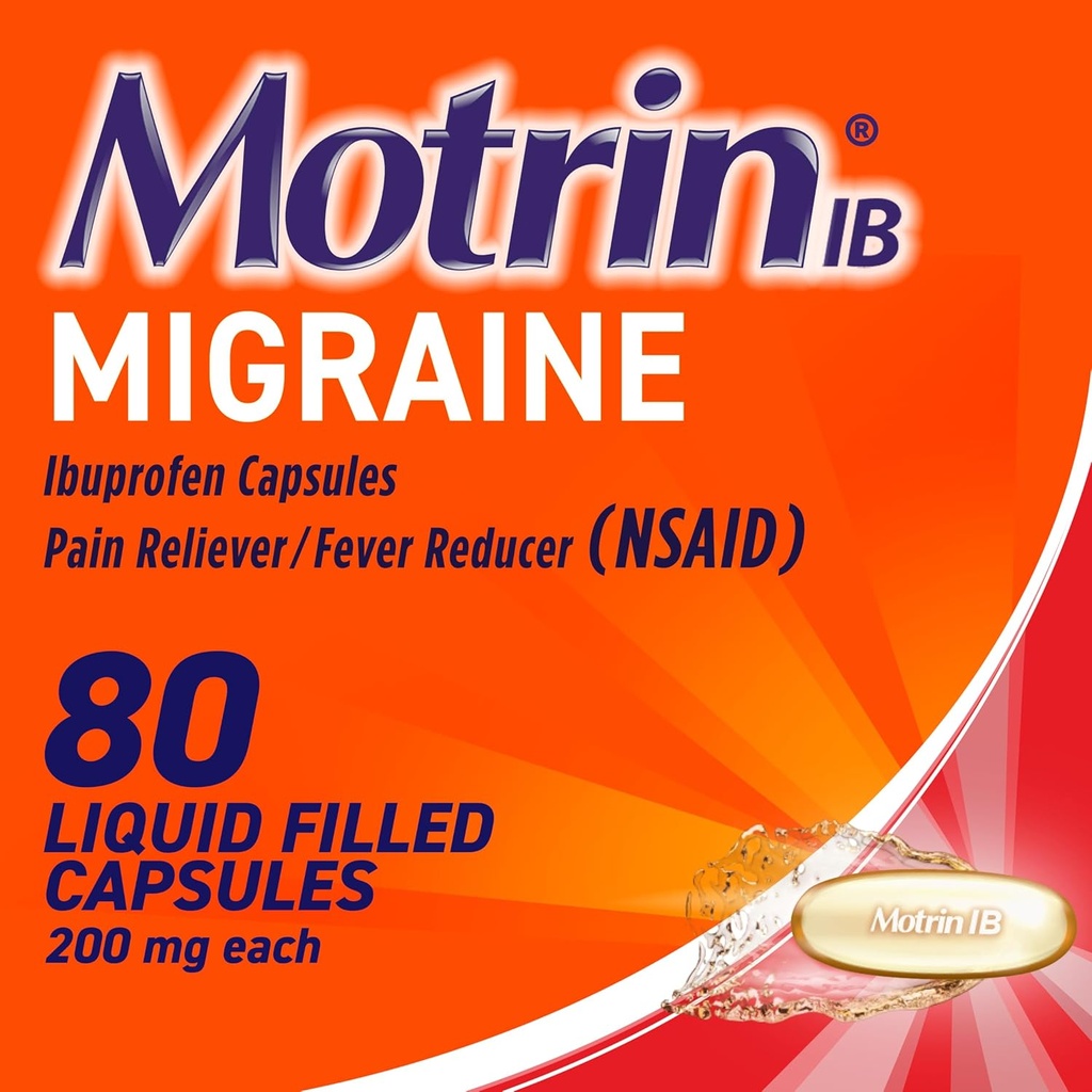 Motrin IB Migraine Relief Liquid Gel Capsules with 200 mg Ibuprofen per Capsule, Fast & Effective Migraine Headache Medicine with NSAID Pain Reliever Ibuprofen, Caffeine-Free, 80 ct