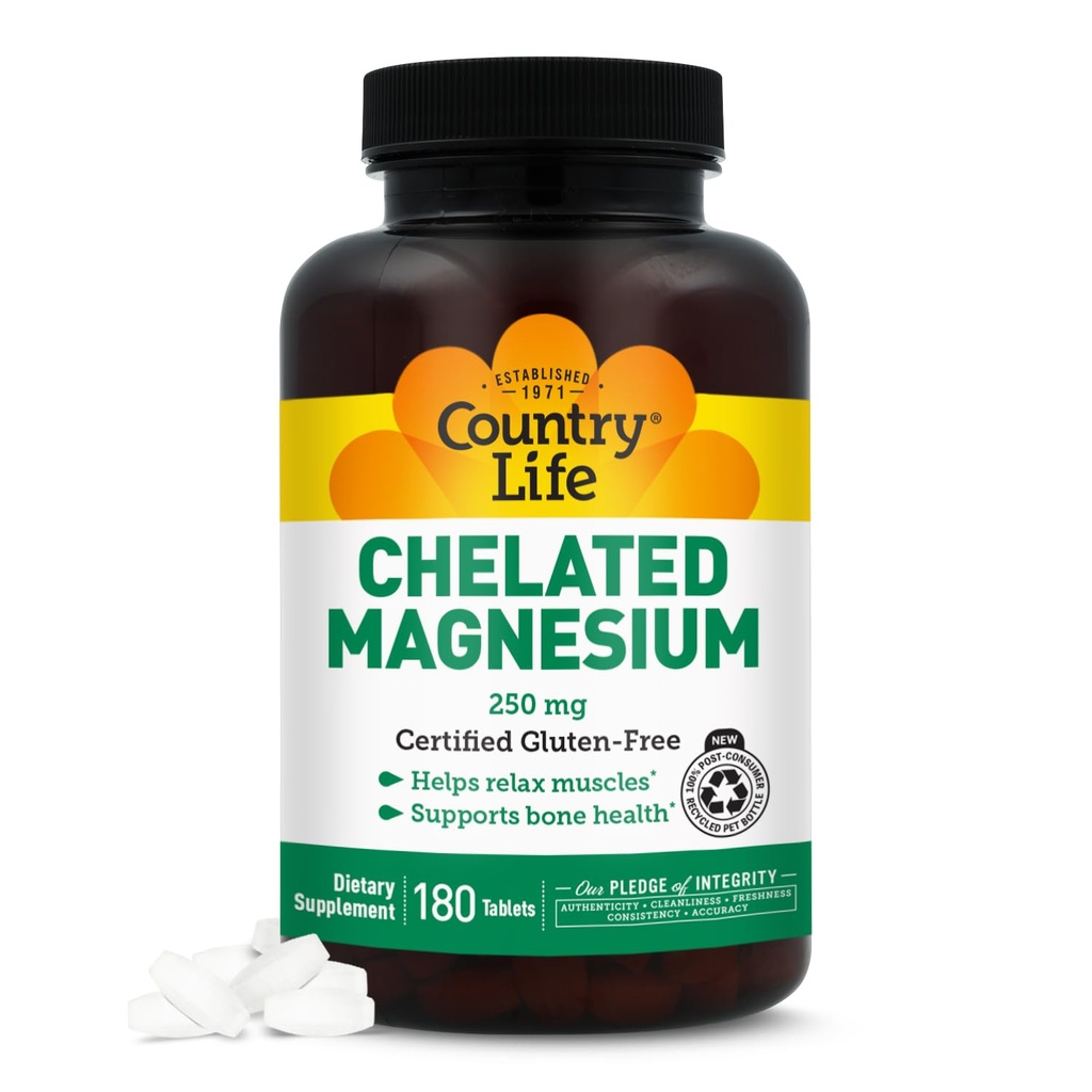 Country Life Chelated Magnesium 250mg - Υποστηρίζει την υγεία της καρδιάς, των οστών και των μυών, Vegan-Friendly συμπλήρωμα μαγνησίου με οξείδιο του μαγνησίου και χημικού οξέος Amino, χωρίς γλουτένη