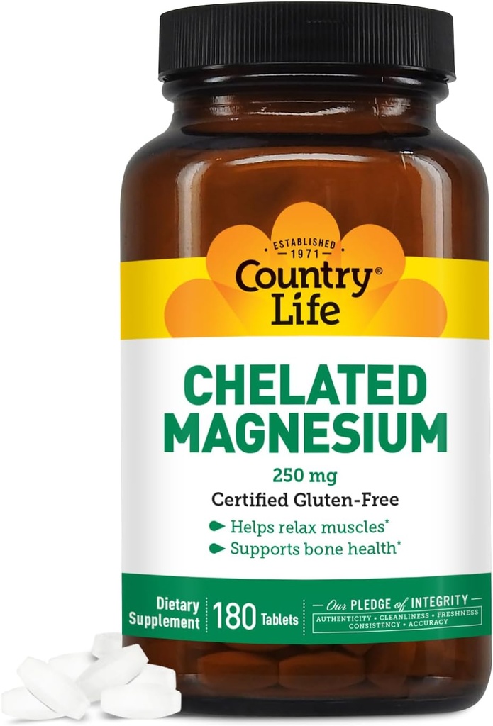 Country Life Chelated Magnesium 250mg - Υποστηρίζει την υγεία της καρδιάς, των οστών και των μυών, Vegan-Friendly συμπλήρωμα μαγνησίου με οξείδιο του μαγνησίου και χημικού οξέος Amino, χωρίς γλουτένη