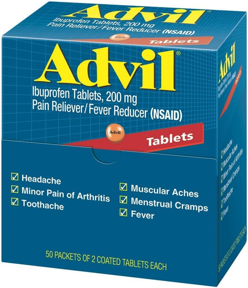 Advil Ibuprofen, 200mg, 50 Packets of 2 Coated Tablets (Pack of 4)