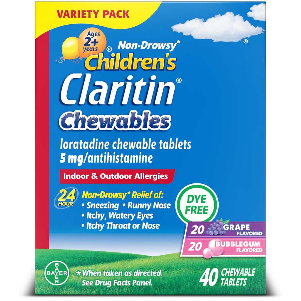 Claritin Children's Allergy Medicine, 24-Hour Non-Drowsy Loratadine 5mg Chewable Tablet, Antihistamine for Kids Ages 2 Years and Older, Grape & Bubble Gum Flavors, Dye-Free, 40 Tablets