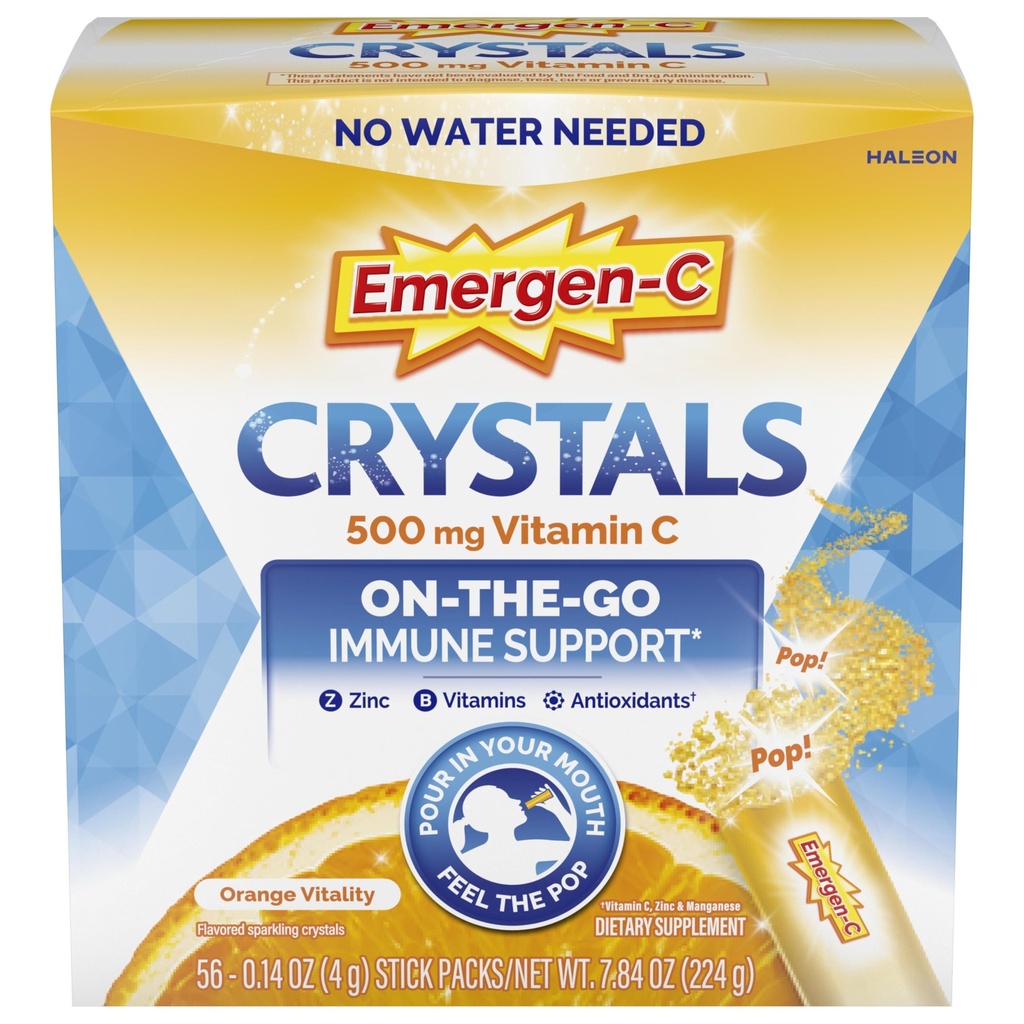 Κρύσταλλοι Emergen-C, On-the-Go Συμπλήρωμα Υποστήριξης Ανοσοποιητικού με Βιταμίνη C, Β Βιταμίνες, Ψευδάργυρο και Μαγγάνιο, Πορτοκαλί Ζωτικότητα - 56 Stick συσκευασίες