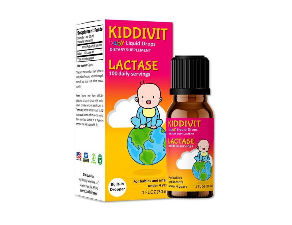 Kiddivit Baby Lactase Drops 1000 Units – Gentle Digestive Support Enzyme Supplement – 100 Daily Servings – Ενσωματωμένο σταγονόμετρο, γυάλινο μπουκάλι – Χωρίς γλουτένη, χορτοφαγικά, 1oz
