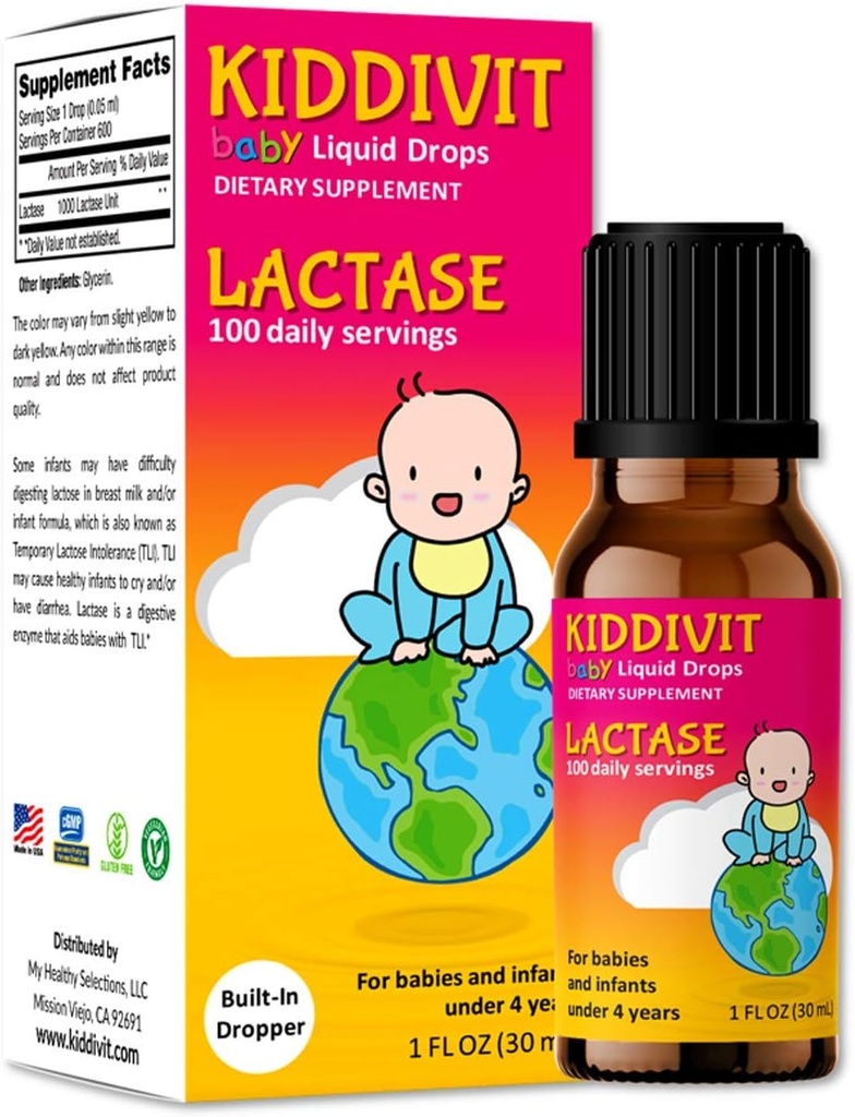 Kiddivit Baby Lactase Drops 1000 Units – Gentle Digestive Support Enzyme Supplement – 100 Daily Servings – Ενσωματωμένο σταγονόμετρο, γυάλινο μπουκάλι – Χωρίς γλουτένη, χορτοφαγικά, 1oz
