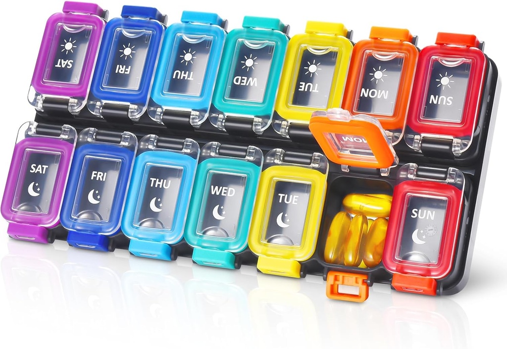 Fullicon Moisture Proof Pill Organizer 2 φορές την ημέρα, μεγάλο κουτί 7 ημερών, Spill Proof Case, Travel Container, Medicine Organizer with Secure Lids (Ουράνιο τόξο Μαύρο)