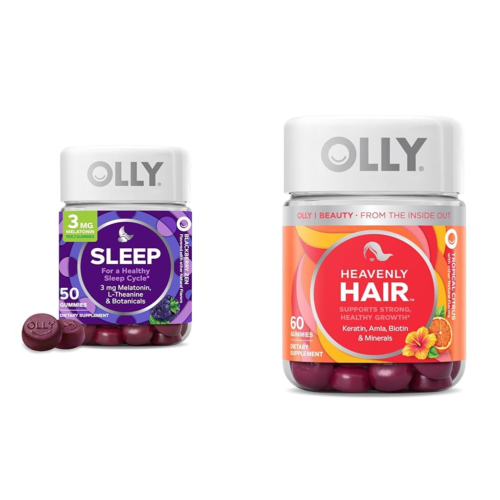 OLLY Sleep Gummy με μελατονίνη, L-Θεανίνη, Βοτανικά, BlackBerry Flavor, 50 Count & Heavenly Hair Gummy με κερατίνη, Biotin, AMLA, Tropical Orange Flavor, 60 Count Bundle