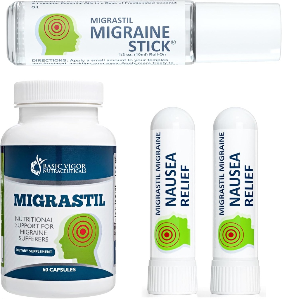 Βασικό κιτ υποστήριξης Vigor Migrastil Ημικρανία με ημικρανία Stick, κάψουλες & ναυτία Inhaler. Κατασκευασμένο στις ΗΠΑ
