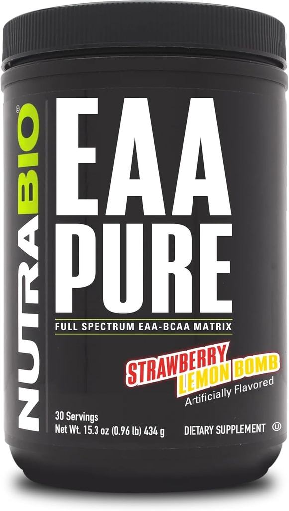 NutraBio – EAA Pure – 9 Amino Acids – Muscle Repair and Recovery, 30 Servings, Strawberry Lemon Bomb – Pre or Post Workout – All Day Recovery