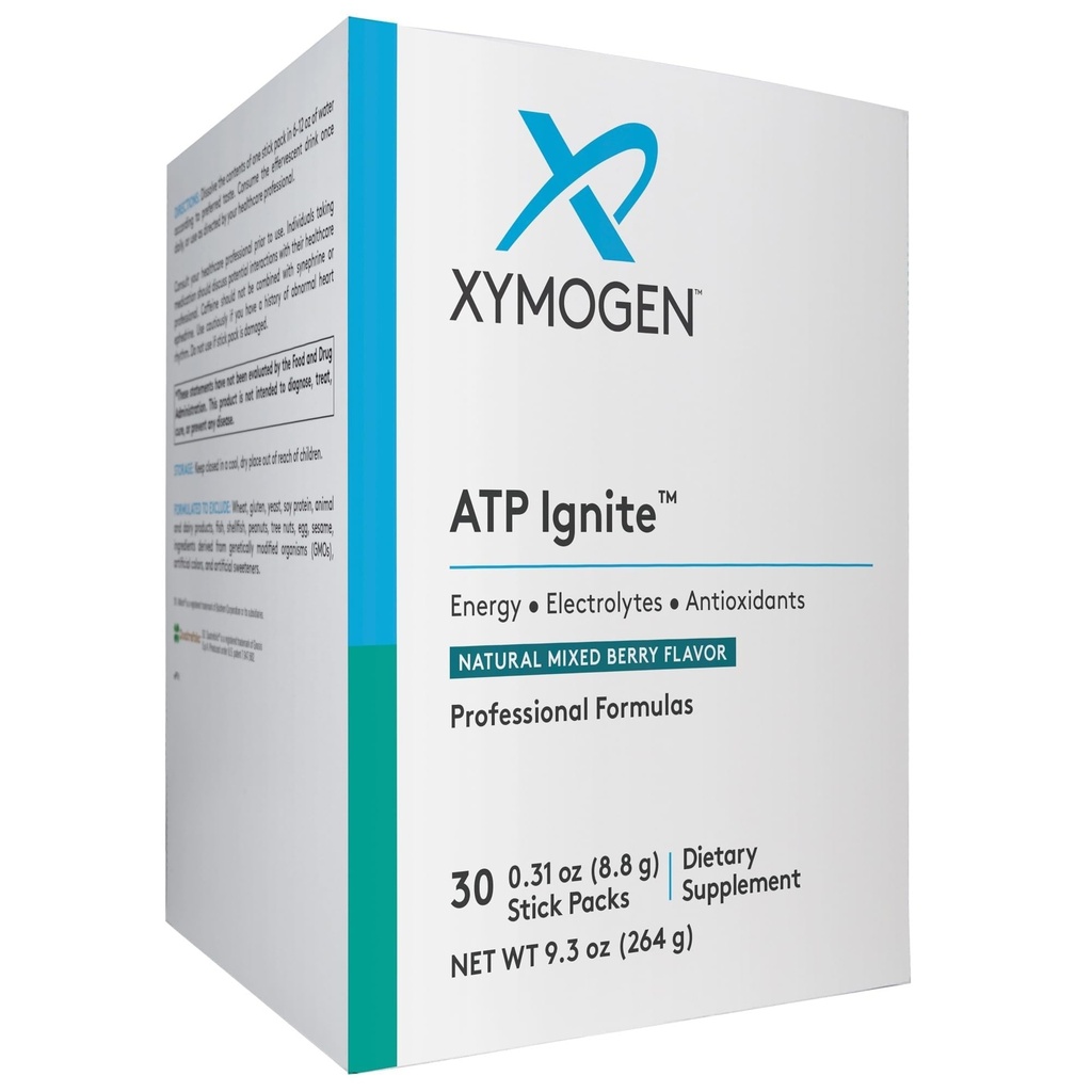 XYMOGEN ATP Ignite Revitalizing Energy Drink Powder - Υποστηρίζει την αντικατάσταση ηλεκτρολυτών + ATP Βιοσύνθεση με αντιοξειδωτικά, Aminos, Βιταμίνες, Ηλεκτρολυτές + 95mg καφεΐνη (30 ανάμεικτα Berry Stick πακέτα)