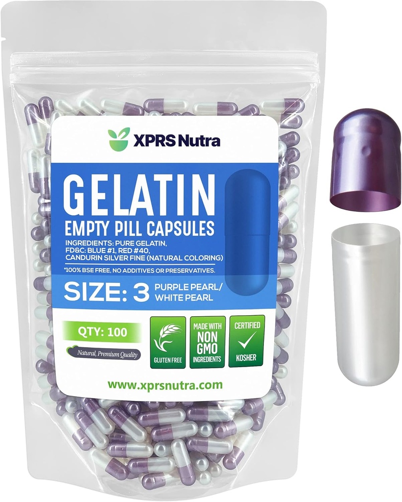 XPRS Nutra Μέγεθος 3 Κενές κάψουλες - 100 Count Empty Gelatin Κάψουλες - Χάπια DIY Καψάκιο Γέμισμα - Καθαρά Καπάκια τζελ Μπόβιν Χάπι για Συμπληρώματα Do-It-Yourself (Pearl Purple/White)