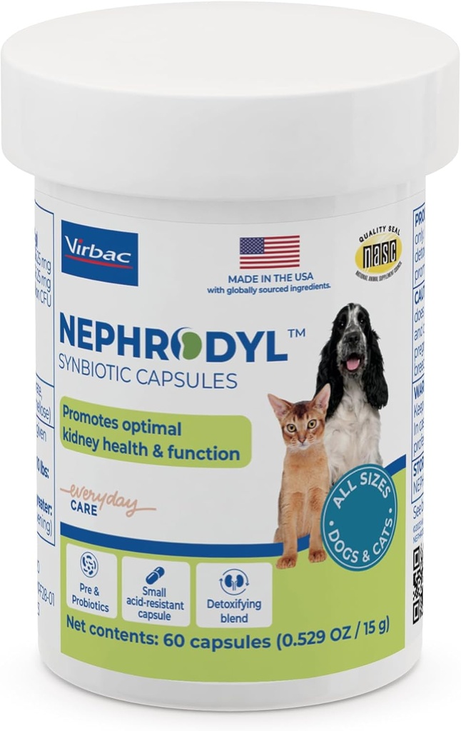 NEPPHRODYL Synbiotic Capses - Συμπλήρωμα υποστήριξης για τα νεφρά για γάτες & σκύλους, προβιοτικά & προβιοτικά για Digestive Health, Small & Easy-to-Swallow Caps, Made in The USA- 60 Ct