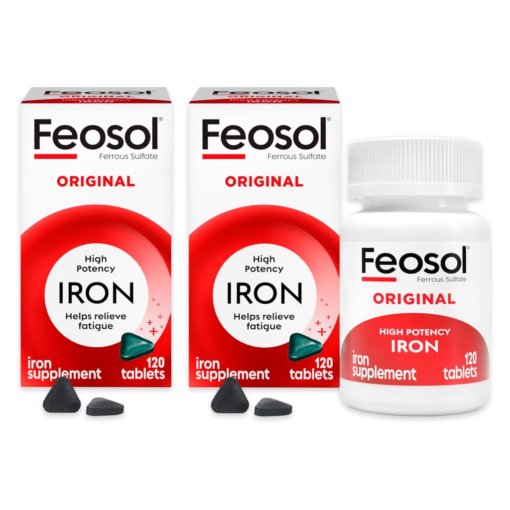 Feosol πρωτότυπα δισκία συμπλήρωμα σιδήρου, μη-αιμέ 325mg θειικό σίδηρο (65mg στοιχείο σιδήρου) ανά χάπι, 1 ανά ημέρα, 4 μήνες προμήθεια, για την υποστήριξη της ενέργειας και του ανοσοποιητικού συστήματος (120 ct πακέτο του 2)