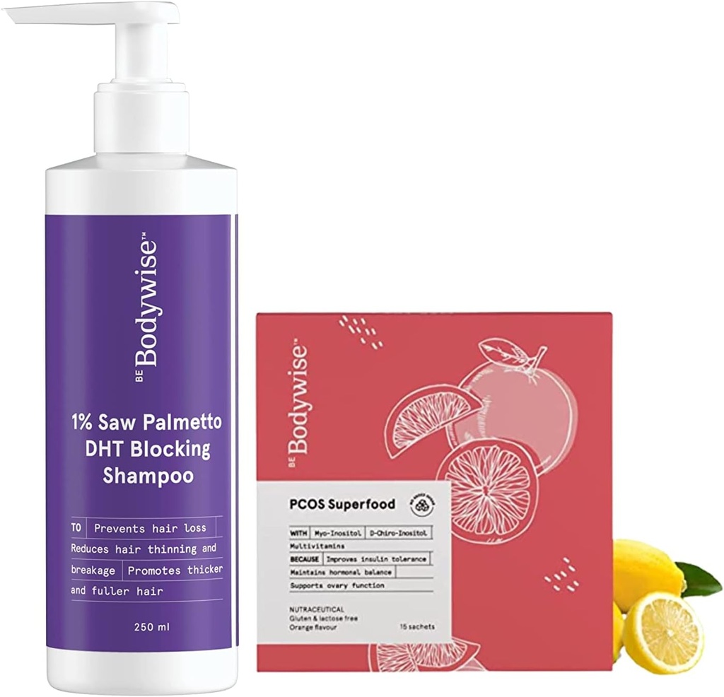 Metrol Be Bodywise PCOS Superfood 15 Σακέτες και 1% Saw Palmetto DHT Σαμπουάν μπλοκάρισμα για τις γυναίκες 250 ml 