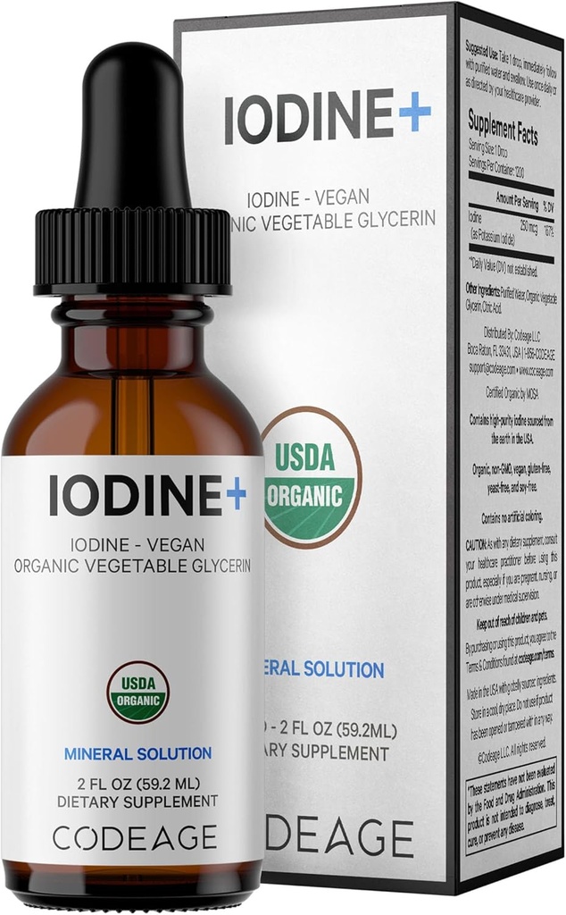 Κωδικοποίηση USDA Certified Organic Iodine Drops - 250 McG ανά υπηρεσία - 1+ Έτος προσφοράς - Συμπλήρωμα υγρού ιωδιούχου - Καθαρό, Καθαρό ιώδιο - Vegan Pastium Iodine Liquid Drop - 2 fl oz