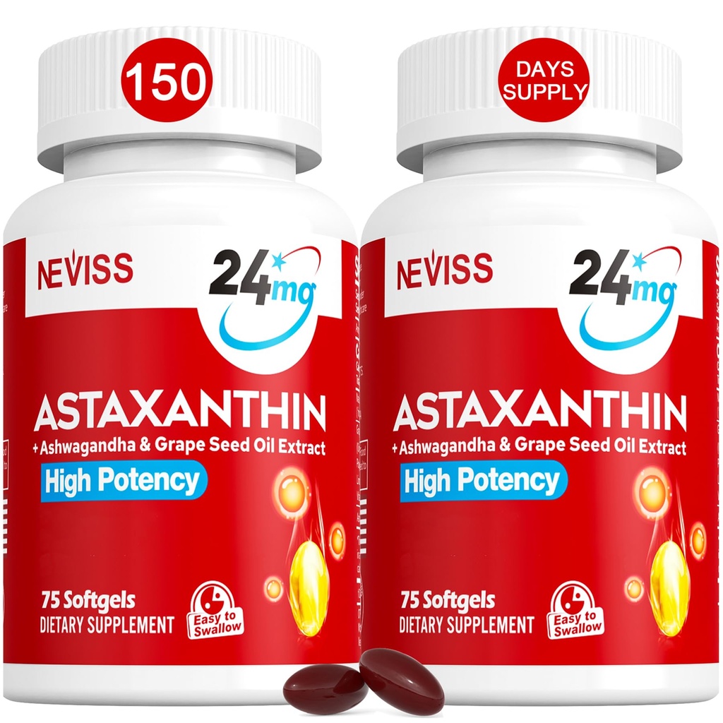 Συμπληρώματα ασταξανθίνης 24mg, 5 Μήνας προσφοράς - καρύδα MCT Έλαιο, φρέσκο μικροφύκη Πηγή w/Grape Seed Oil, Ashwagandha - Αντιοξειδωτικά για υγιές δέρμα, μάτια, γήρανση - Μη ΓΤΟ & Χωρίς γλουτένη, 150 Softgels