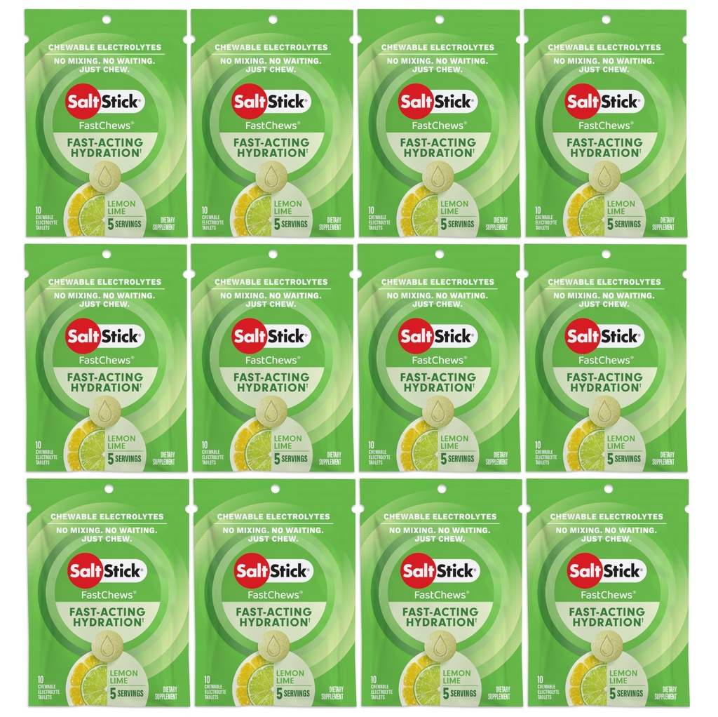 SaltStick Electrolyte FastChews Chewable Tablets, Lemon Lime, 120 count, 12 packets of 10 tablets each