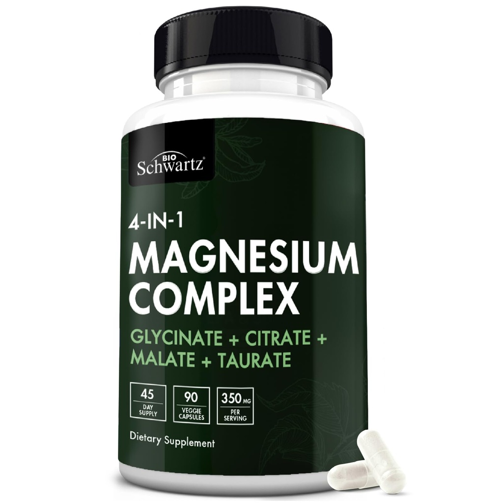 BioSchwartz Magnesium Complex Supplement (90 κάψουλες) 350mg Μαγνήσιο Γλυκινικό Κιτρικό Κακό και Ταυρικό Ανά υπηρεσία για υγιή νεύρα Μυς Υποστήριξη για τον Ύπνο της Καρδιάς (Vegan, Χωρίς Γλουτένη, Μη ΓΤΟ)