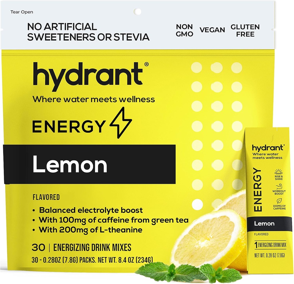 HYDRANT Energy Lemon Flavor 30 Stick Pack, Caffeine & L-Theanine Rapid Hydration Mix, Ηλεκτρολυτικές συσκευασίες σκόνης ενυδάτωσης με ψευδάργυρο