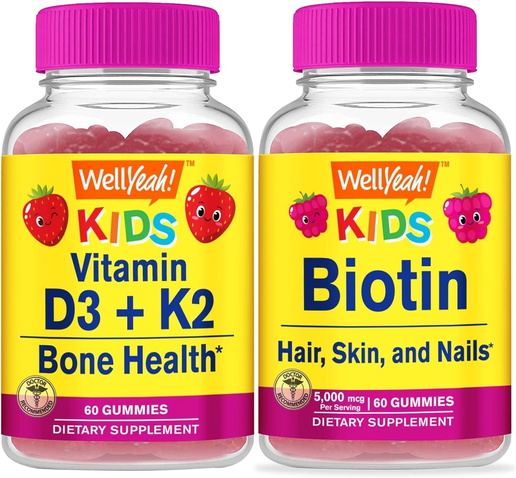WellYeah Vitamin D3+K2 Kids + Biotin Kids, Gummies Bundle - Μεγάλη γεύση, συμπλήρωμα βιταμινών, χωρίς γλουτένη, GMO δωρεάν, μασώμενη κοιλιά