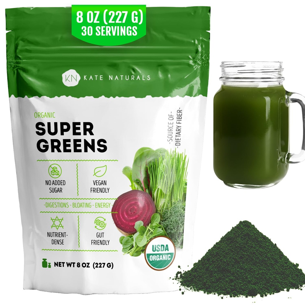 Kate Naturals Βιολογικά Super Greens σκόνη. Daily Greens Superfood Blend με Probiotics & Fiber για Smoothies και Juice (30 μερίδες, 8oz, Natural)