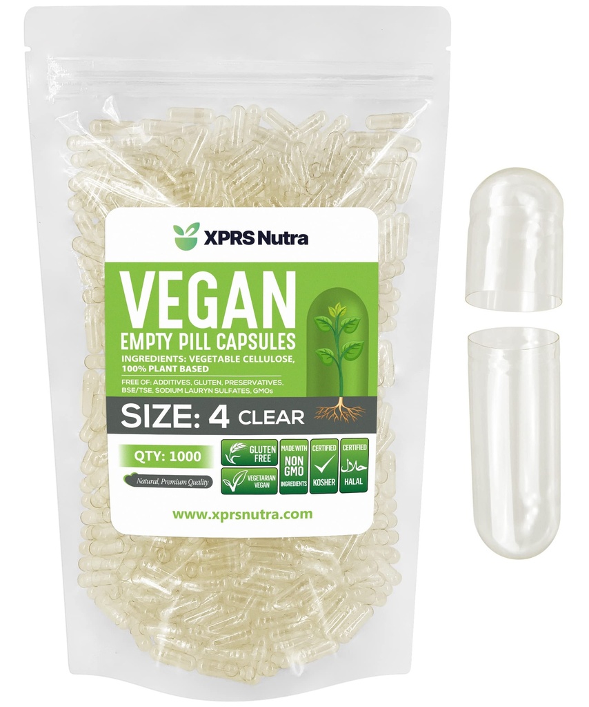 XPRS Nutra Μέγεθος 4 κενές κάψουλες - 1000 Count Small Clear Empty Vegan Κάψουλες- χορτοφαγικά χάπια - DIY Καψάκιο Γέμισμα - Fillable Do-it-Yourself Veggie Caps για συμπληρώματα