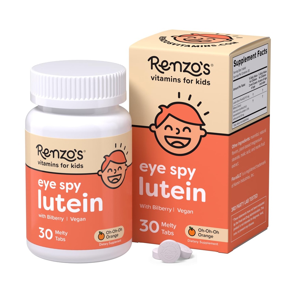 Lutein ματιών Renzo με εκχύλισμα Bilberry, Διαλυτές παιδικές βιταμίνες για την υγεία των ματιών, συμπληρώματα χωρίς ζάχαρη, 30 πορτοκαλί-Flavored Μελάτες