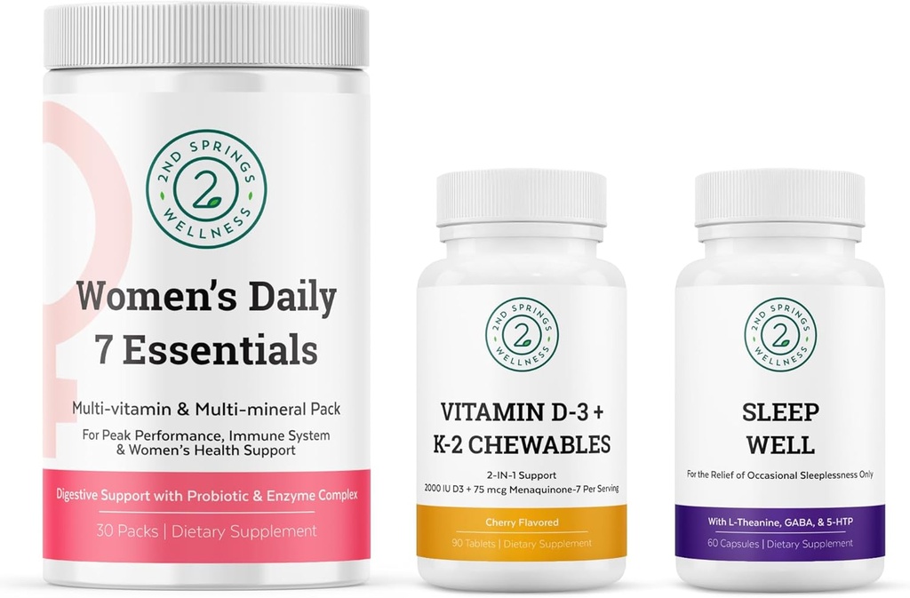 Women's Daily 7 Essentials, Βιταμίνη D3 + K2 Chewables & Sleep Well Bundle