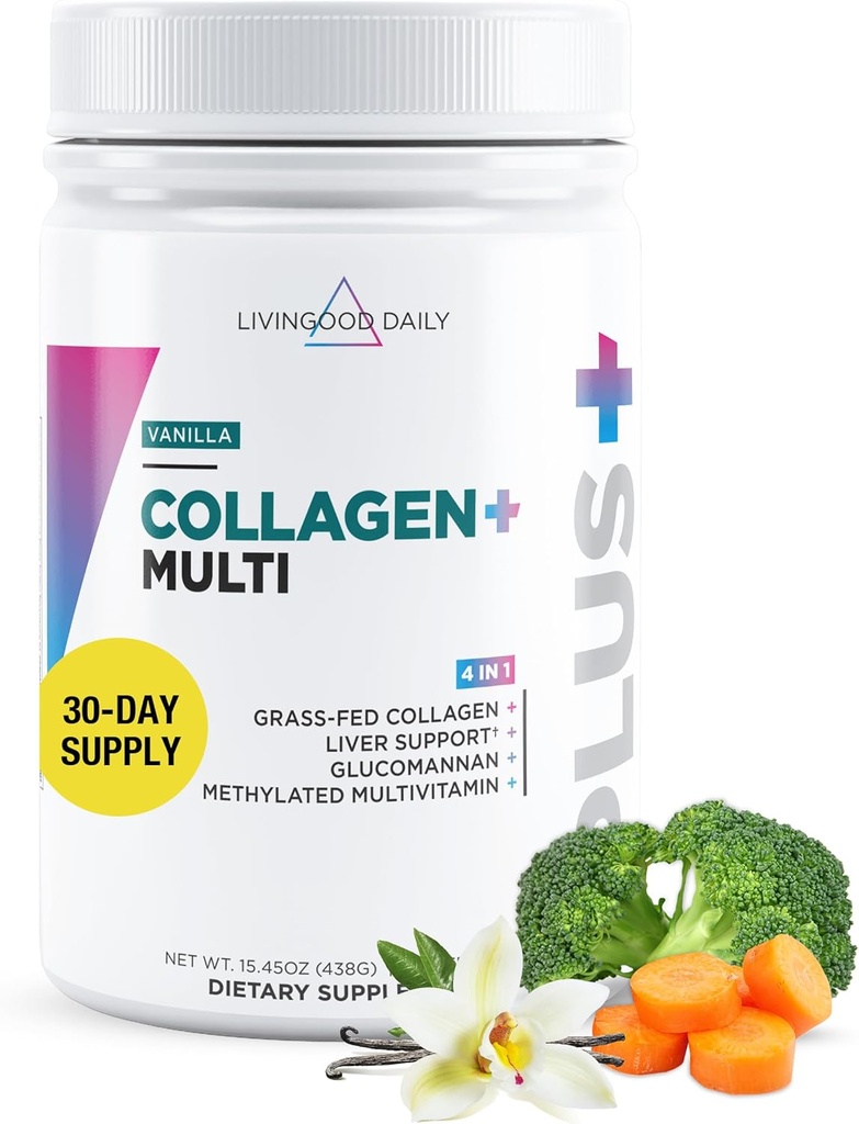 Livingood Daily Collagen Powder for Women and Men, Vanilla, Grass Fed Protein, Hydrolyzed Collagen Peptides with Vitamin C & Multi Vitamins for Hair, Skin, Nail & Gut Health, Gluten Free, 30 Μερίδες
