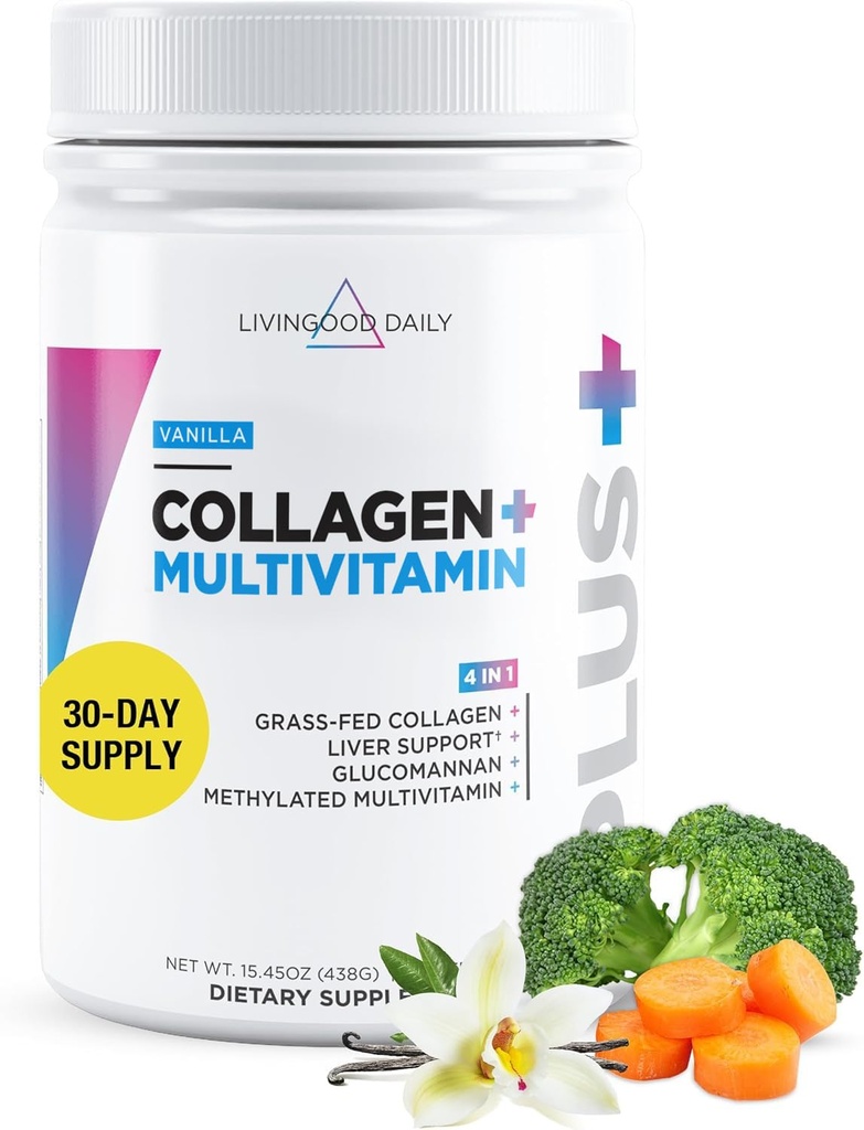 Livingood Daily Collagen Powder for Women and Men, Vanilla, Grass Fed Protein, Hydrolyzed Collagen Peptides with Vitamin C & Multi Vitamins for Hair, Skin, Nail & Gut Health, Gluten Free, 30 Μερίδες
