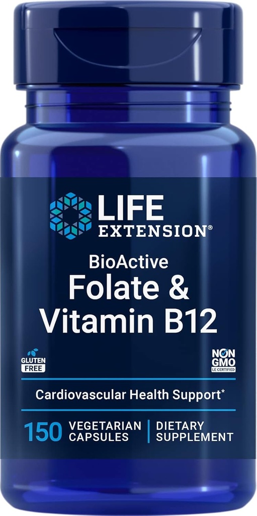 Επέκταση ζωής BioActive Folate & Βιταμίνη B12, 150 κάψουλες χορτοφάγων - μη ΓΤΟ, συμπλήρωμα χωρίς γλουτένη