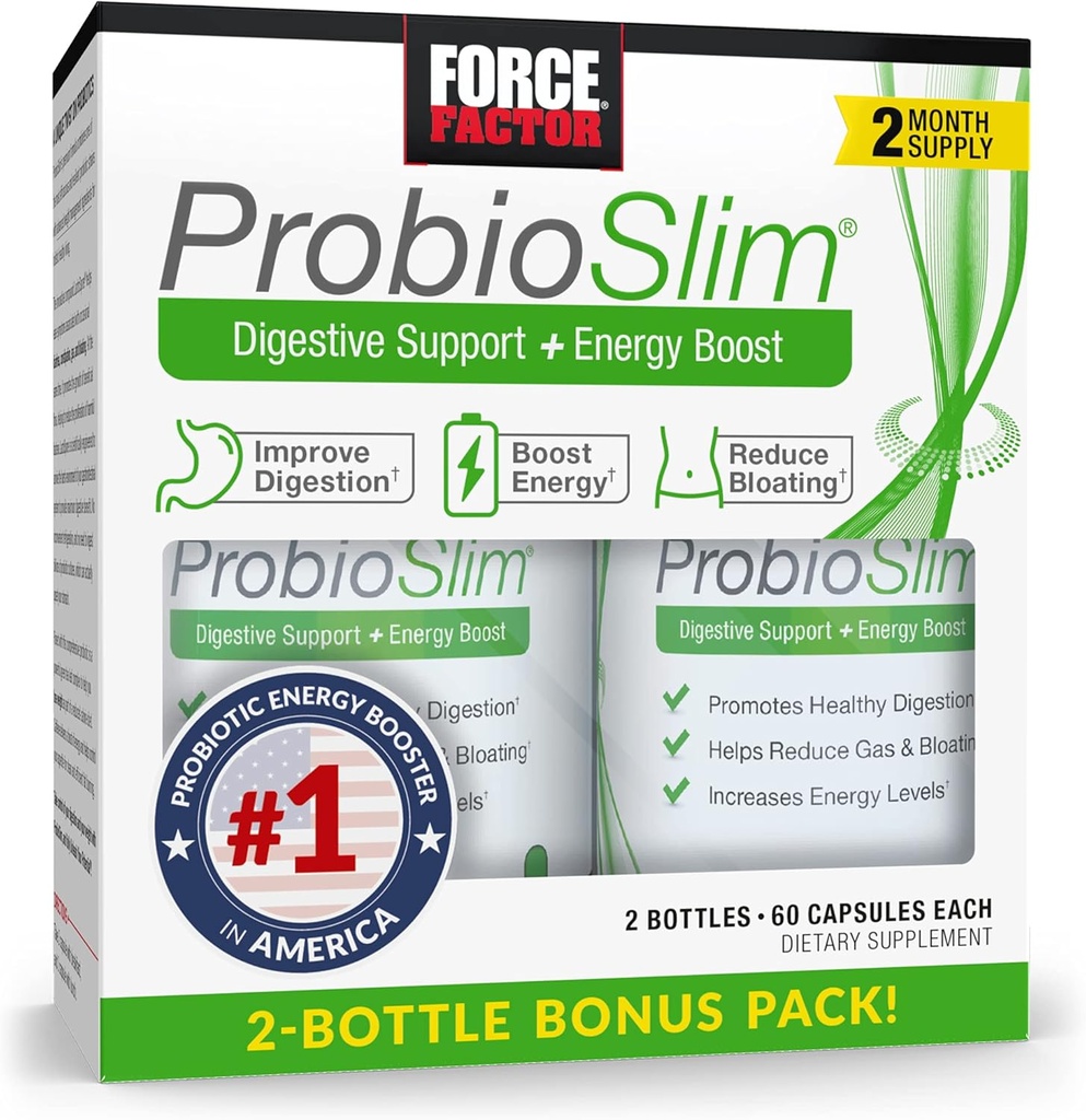 FORCE FACTOR ProbioSlim Probiotic συμπλήρωμα για γυναίκες και άνδρες με προβιοτικά και εκχύλισμα πράσινου τσαγιού, μείωση του αερίου, Bloating, δυσκοιλιότητα, υποστήριξη Digestive και Gut υγεία, 120 κάψουλες (Twin Pack)