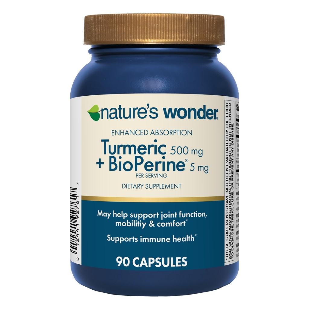 Nature's Wonder Turmeric Supplement with BioPerine - Ενισχυμένη απορρόφηση Turmeric Complex 500mg με BioPerine 5mg για κοινή λειτουργία, κινητικότητα, και άνεση, 90 χορτοφαγικές κάψουλες