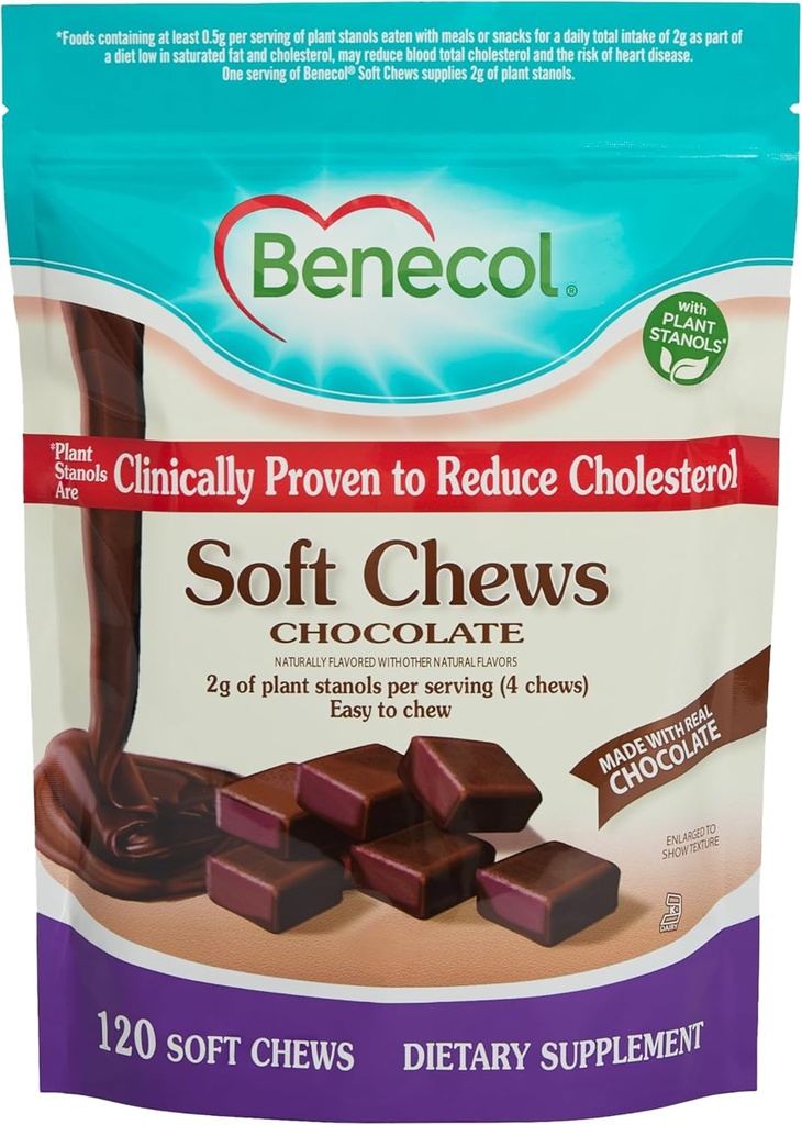 Benecol® Soft Chews - Κατασκευασμένο από κλινικά αποδεδειγμένα Cholesterol-Lowering Plants - Cholesterol Management Supplement (120 Chocol Chews)