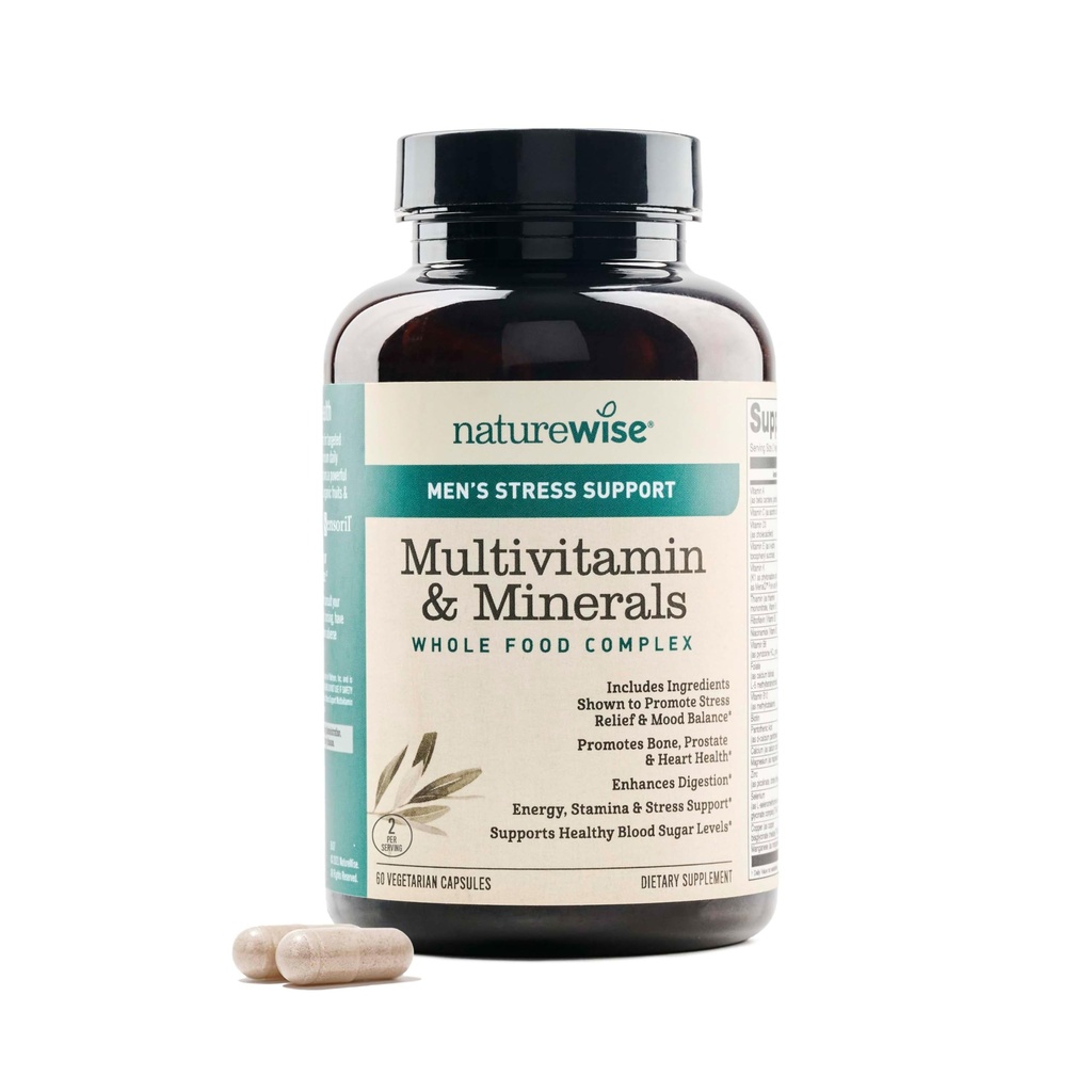 NatureWise Multivitamin for Men + Stress Support + Fulvic Ionic Minerals + Probiotics for Immunity, Male Health, Digestion + Whole Organic Foods - Vegetarian, Non-GMO - 60 Κάψουλες[1-Month Supply]