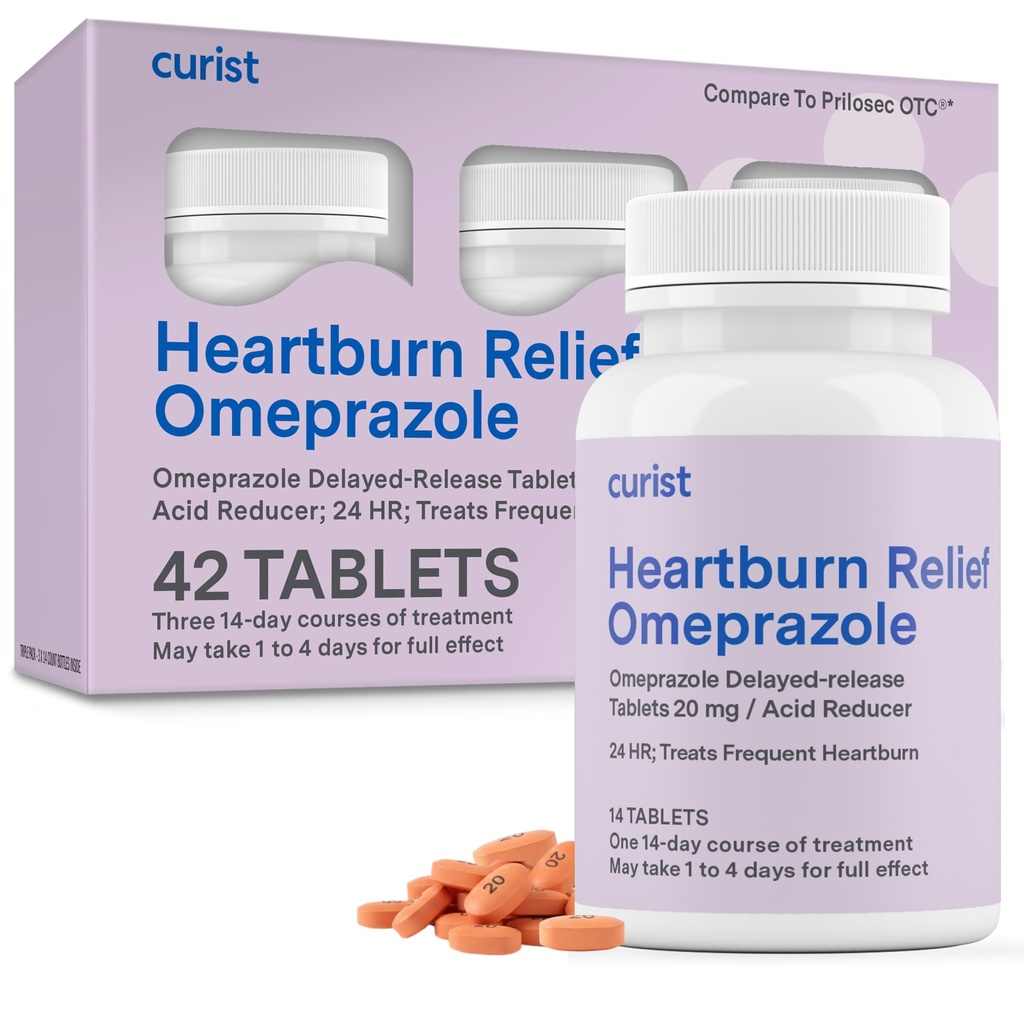 Curist Omeprazole 20mg Tablets - 42 Count Delayed- Release Tablets - Acid Reflux Medicine for Heartburn Relief