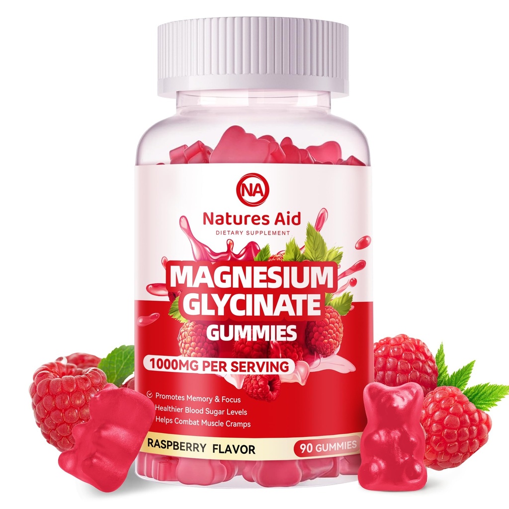 Μαγνήσιο Γλυκινικό Gummies 1000mg - Συμπλήρωμα χωρίς ζάχαρη Μαγνήσιο Κάλιο με βιταμίνη D, B6, CoQ10 για υποστήριξη ηρεμίας & ύπνου - 90 Raspberry Gummies.