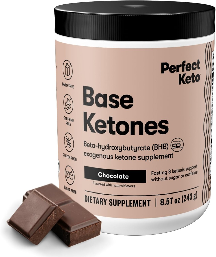 Perfect Keto Exogenous Ketones Powder, BHB Salts for Ketosis & Fasting Support, Electrolytes for Hydration, Caffeine Free Energy, Chocolate, 8.57 oz