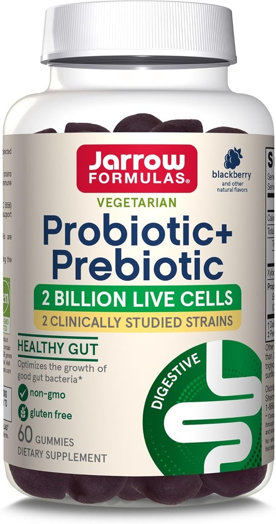 Jarrow Formulas Probiotic+ Prebiotic Dietary Supplement, Digestive Health, Gut Flora+Immune Health - 2 δισεκατομμύρια CFU - 2 Κλινικά Σπουδασμένα Στελέχη - 60 Gummies - Blackberry Flavor