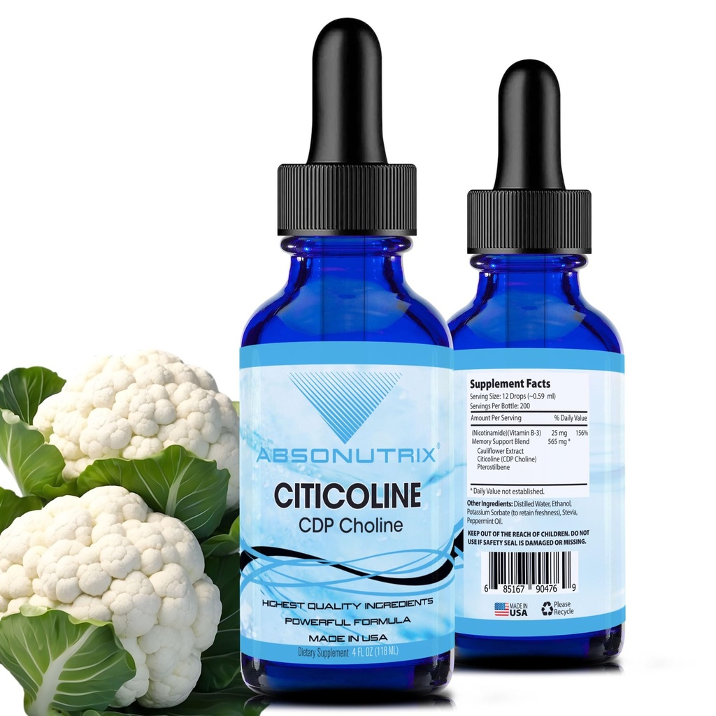 Absonutrix Citicoline 590 mg, 4 Oz μπουκάλι, 200 σέρβις, Made in USA, Γρήγορη απορρόφηση, ποιοτικά ισχυρά συστατικά, μη GMO, GMP πιστοποιημένα, σκληρά-ελεύθερο προϊόντα