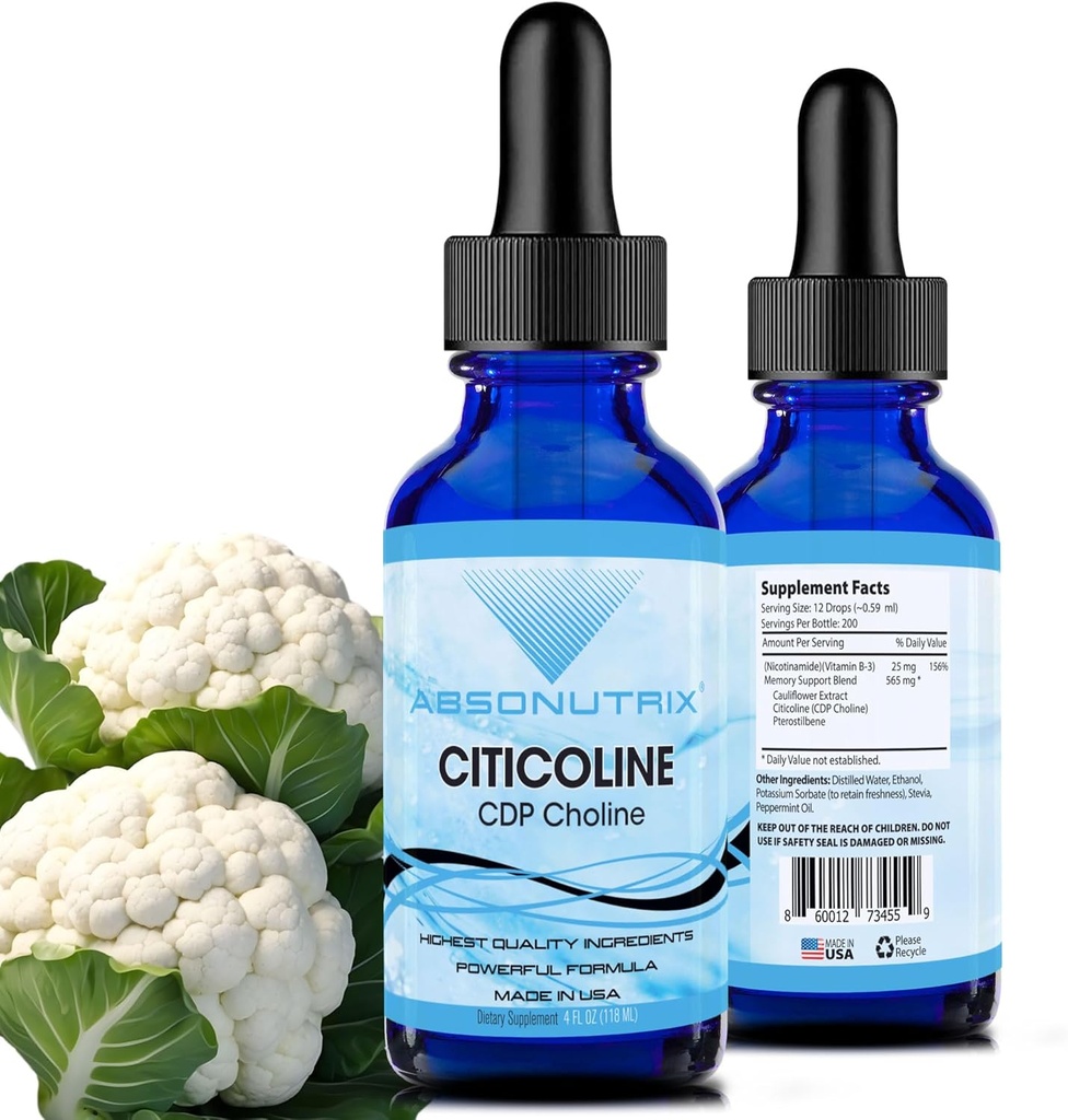 Absonutrix Citicoline 590 mg, 4 Oz μπουκάλι, 200 σέρβις, Made in USA, Γρήγορη απορρόφηση, ποιοτικά ισχυρά συστατικά, μη GMO, GMP πιστοποιημένα, σκληρά-ελεύθερο προϊόντα